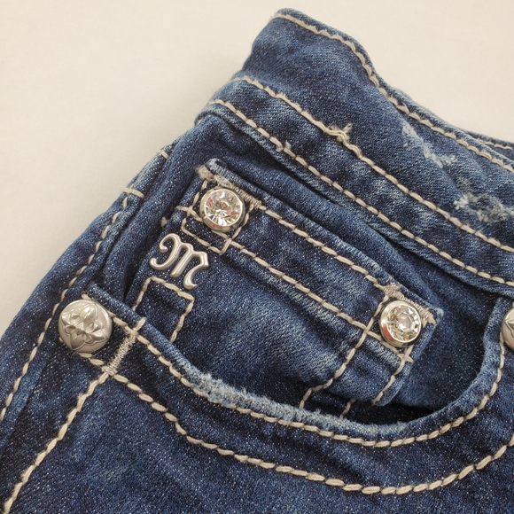 Miss Me Blue Straight Leg Jeans with White Embroidery - Picture 8 of 13